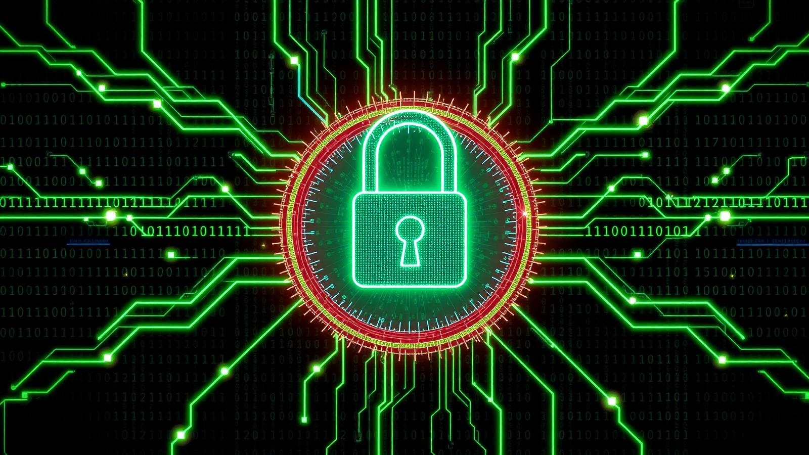Cybersécurité — cadenas neon